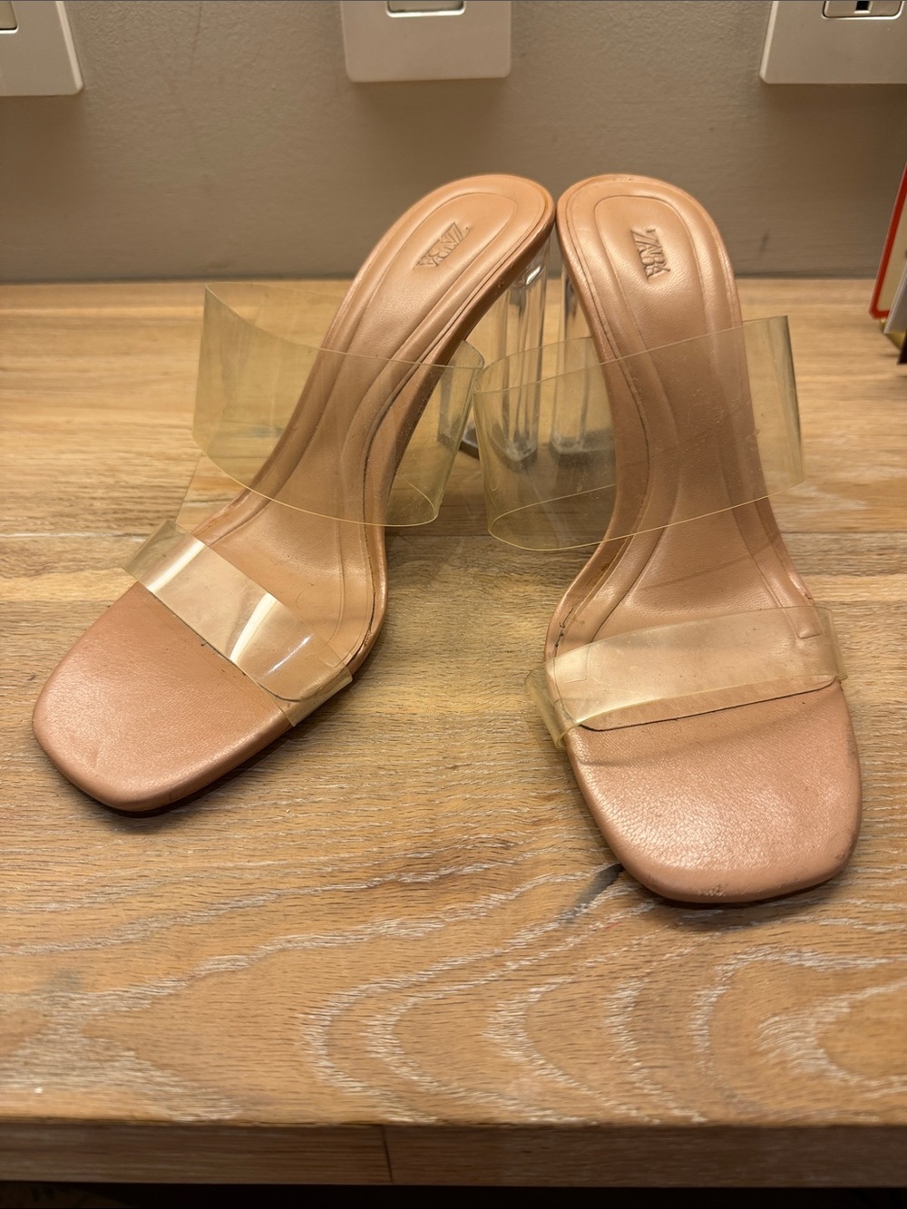 Zara Nude Clear Strap Slide Heels